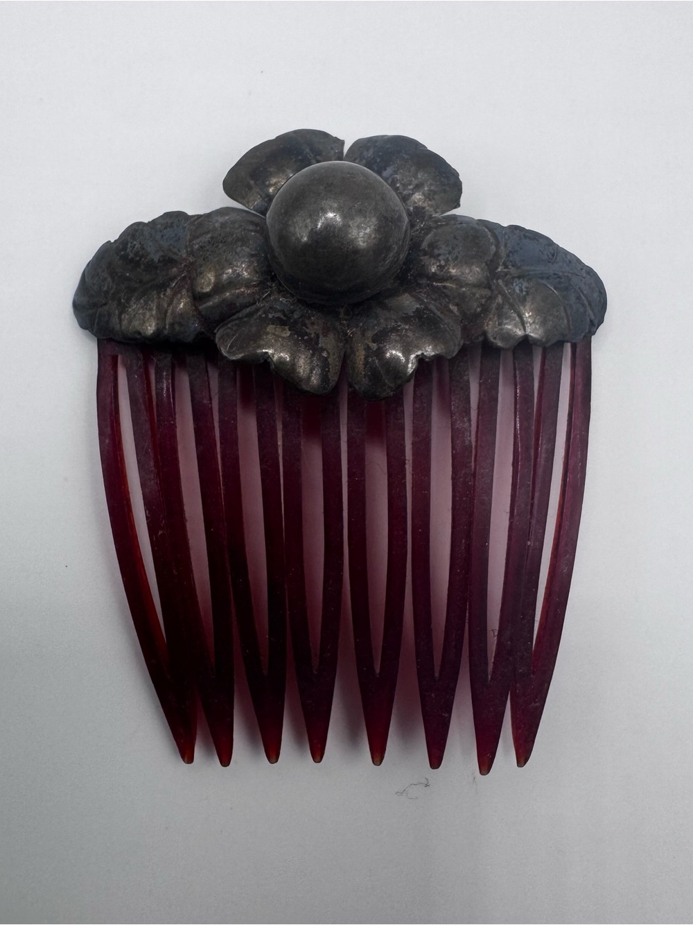 Set Of 2 Art Nouveau Era Hair Combs Celluloid Teeth Metal Floral Tops - Picture 5 of 9